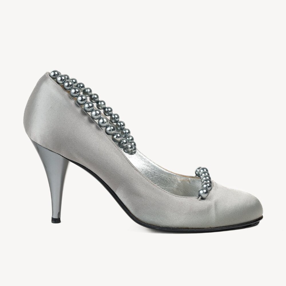Chanel Grey Pearl Ankle Satin Pumps